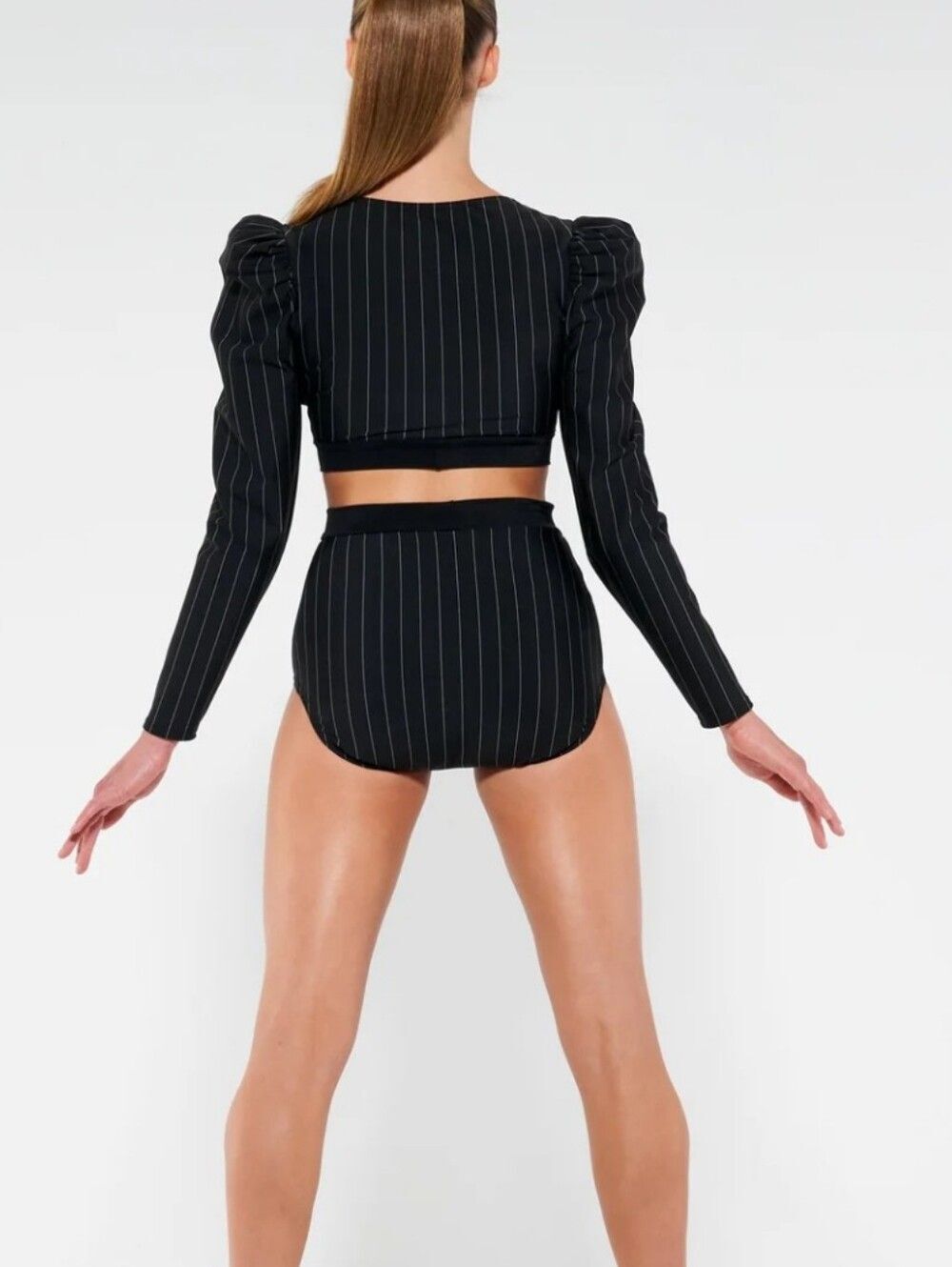 Kelle. Pinstripe Two-Piece Crop Top & High-Waist Bottoms. Dance Costume. LC. EUC